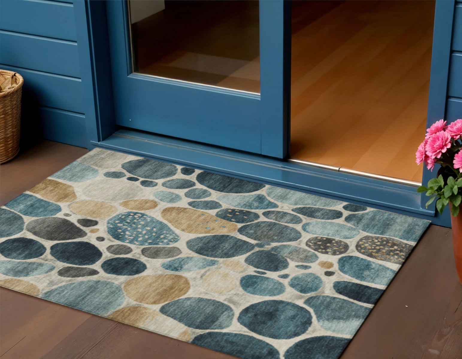3 X 5 Teal Blue Beige And Ivory Geometric Washable Indoor Outdoor Area Rug