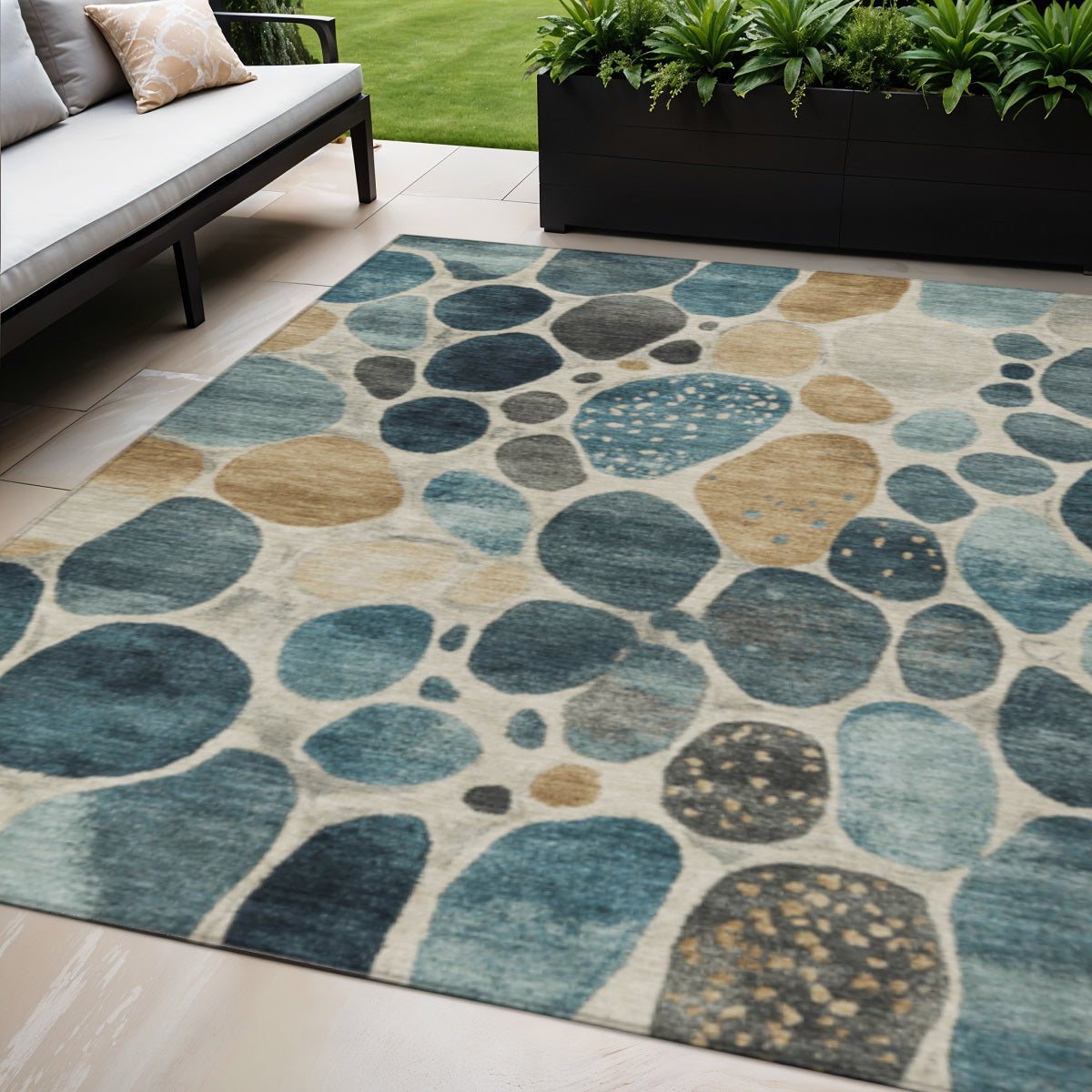 5 X 8 Teal Blue Beige And Ivory Geometric Washable Indoor Outdoor Area Rug