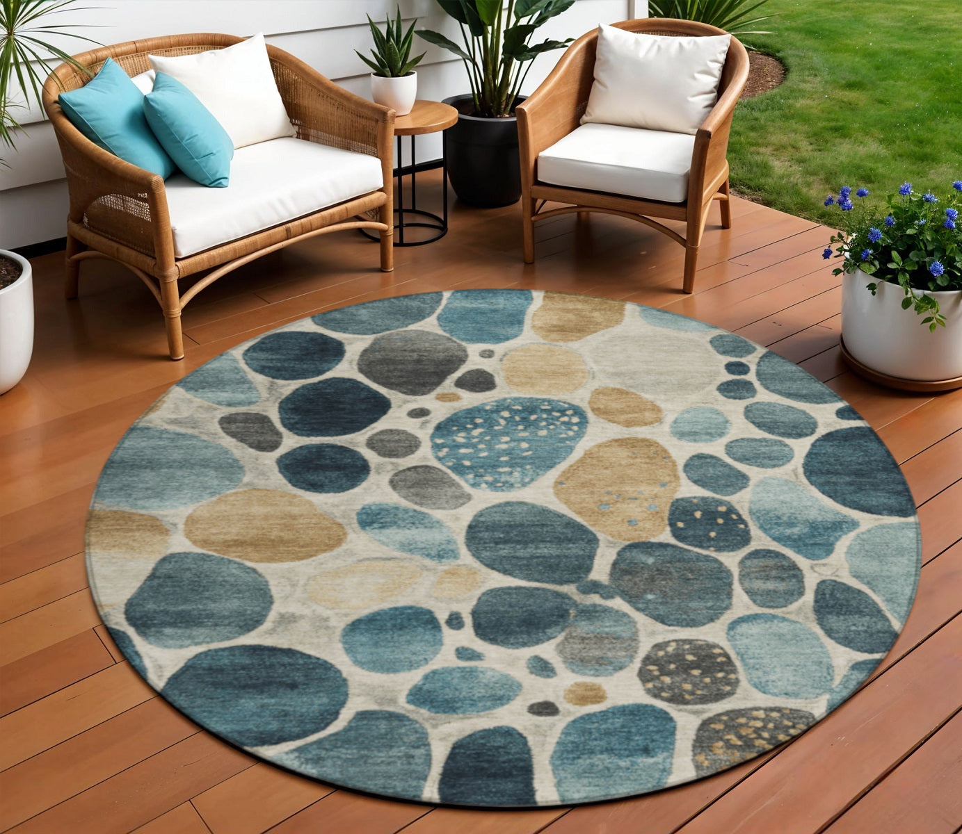 8 Teal Blue Beige And Ivory Round Geometric Washable Indoor Outdoor Area Rug