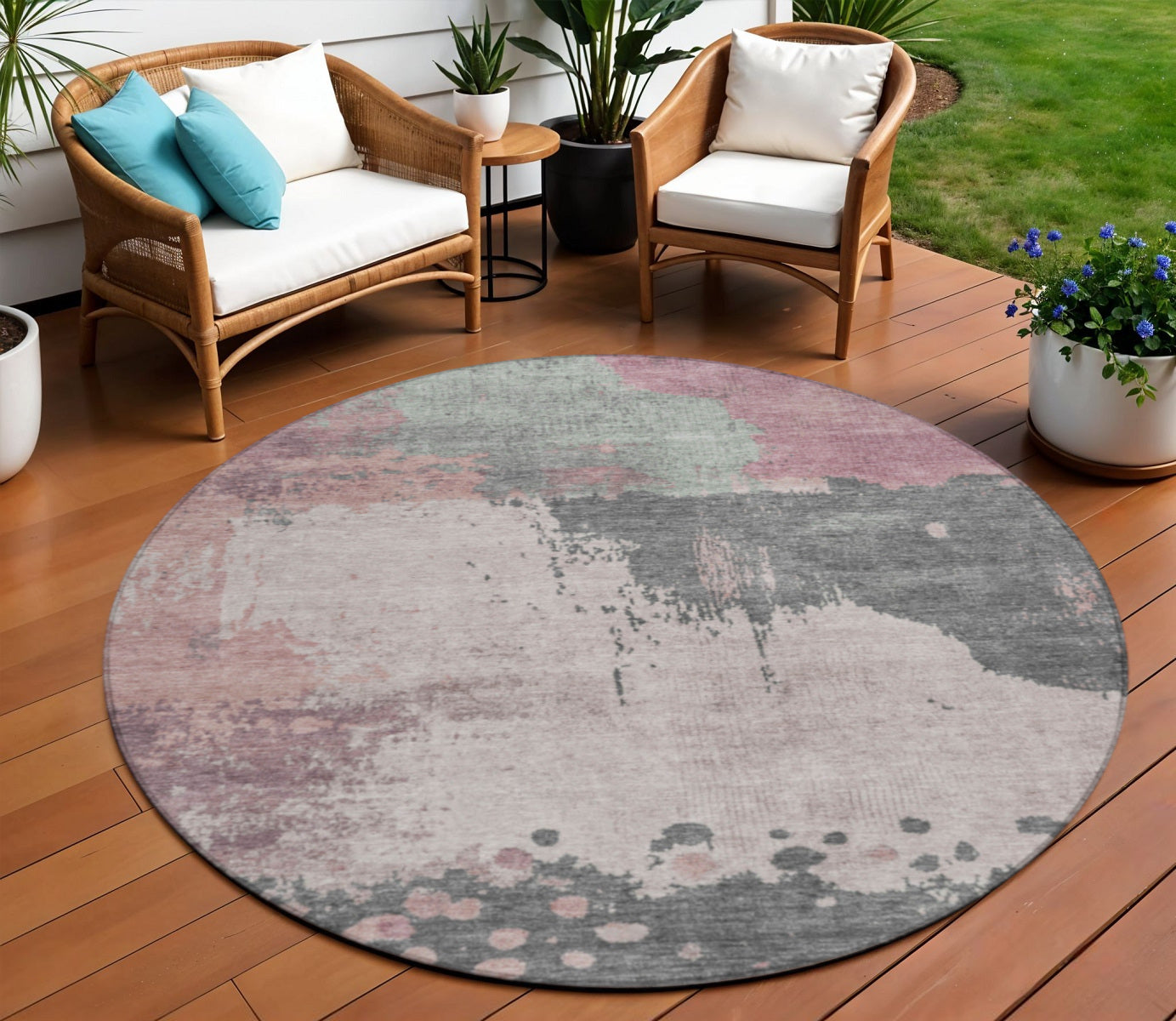 8 Blush Sage And Charcoal Round Abstract Washable Indoor Outdoor Area Rug