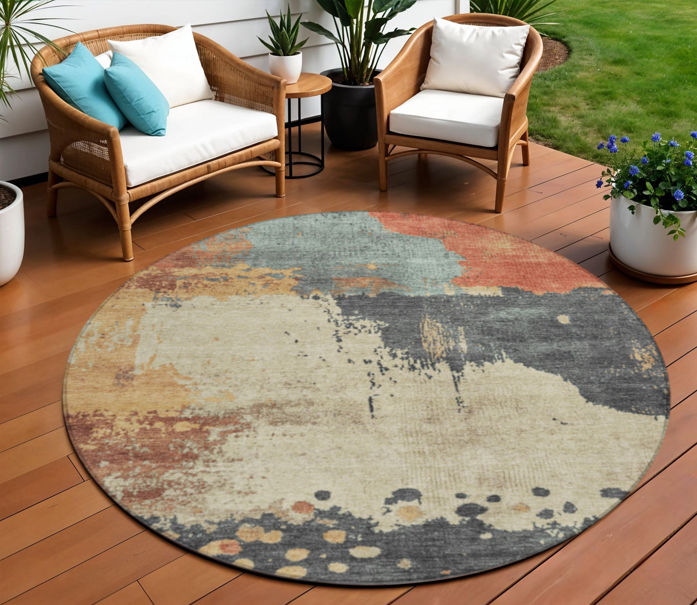 8 Rust Beige And Charcoal Round Abstract Washable Indoor Outdoor Area Rug