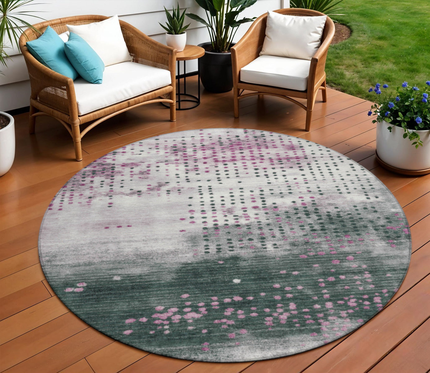 8 Blush And Emerald Round Geometric Washable Indoor Outdoor Area Rug