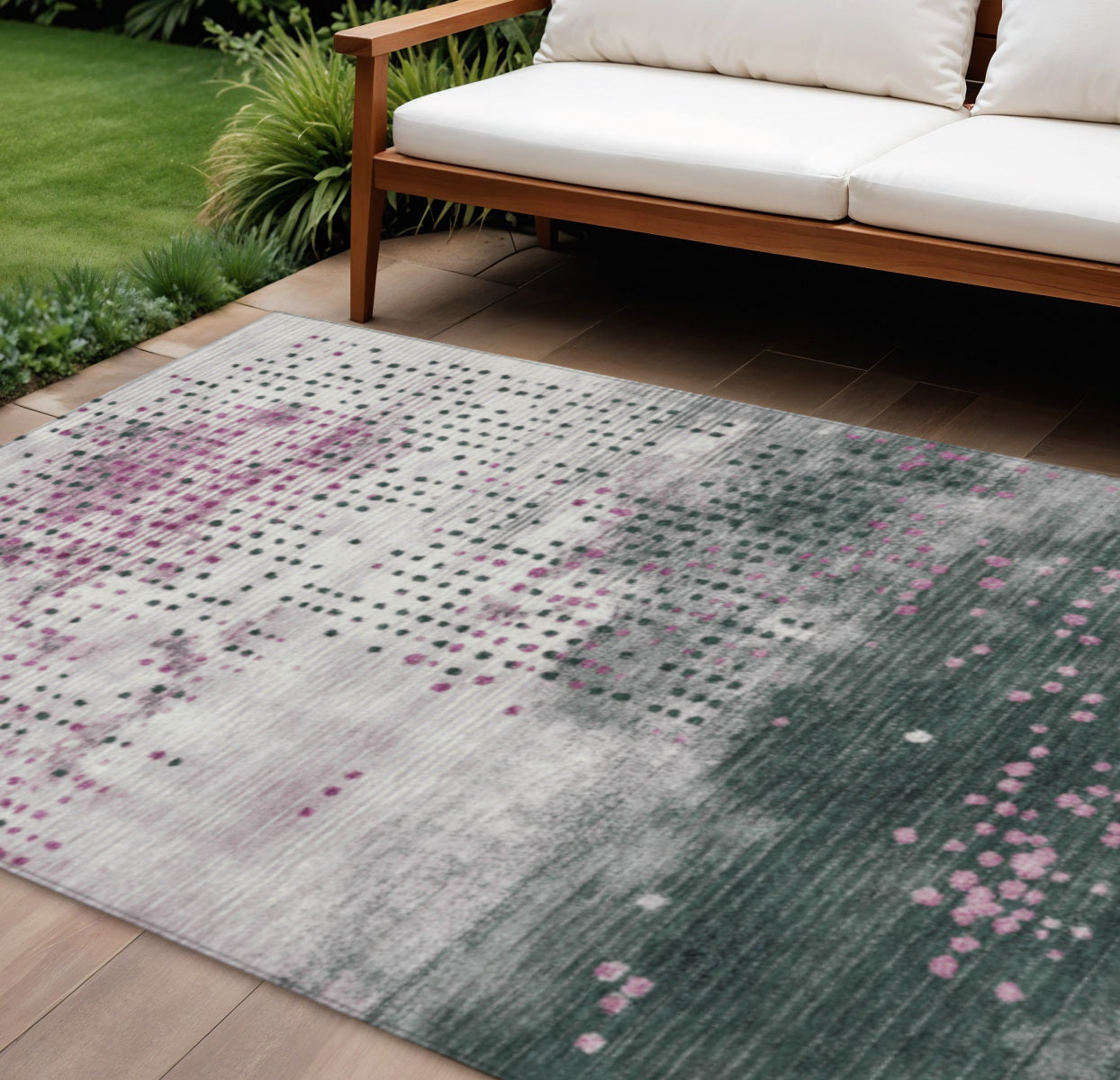 9 X 12 Blush And Emerald Geometric Washable Indoor Outdoor Area Rug