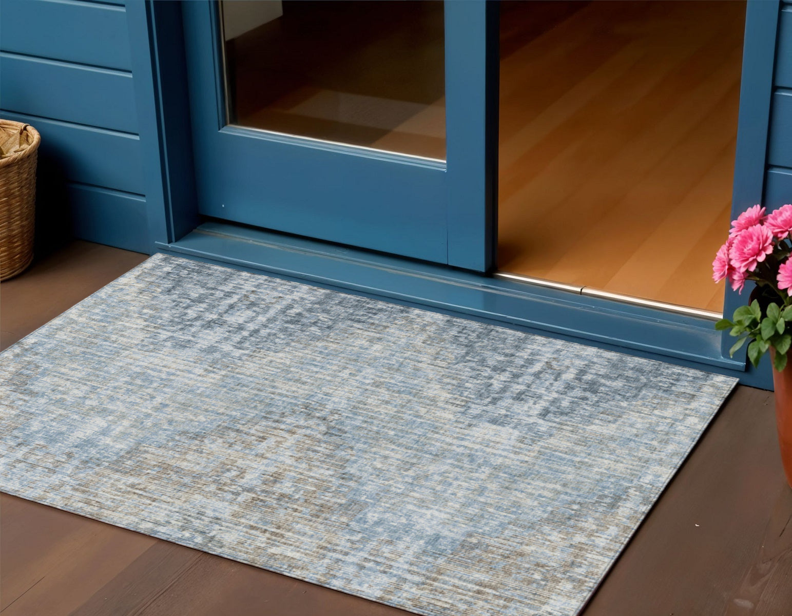 3 X 5 Denim Blue And Beige Geometric Washable Indoor Outdoor Area Rug