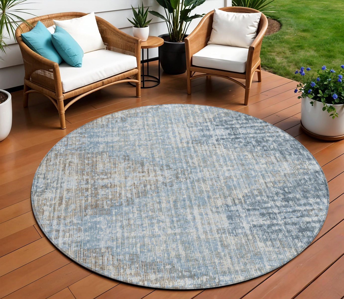 8 Denim Blue And Beige Round Geometric Washable Indoor Outdoor Area Rug