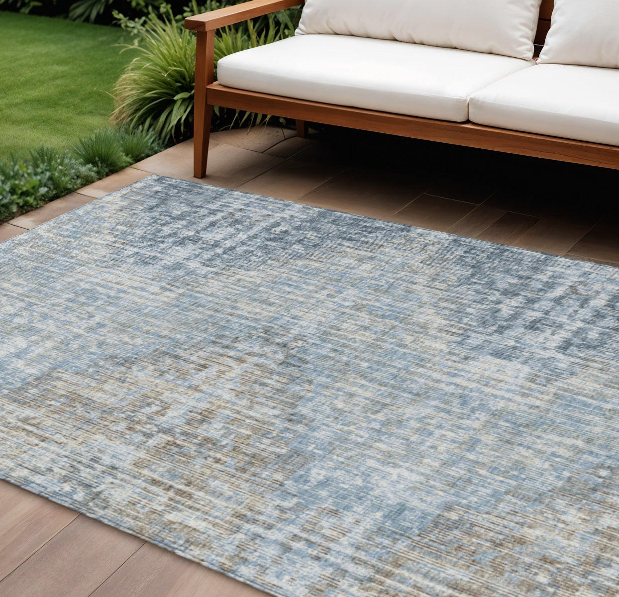 9 X 12 Denim Blue And Beige Geometric Washable Indoor Outdoor Area Rug
