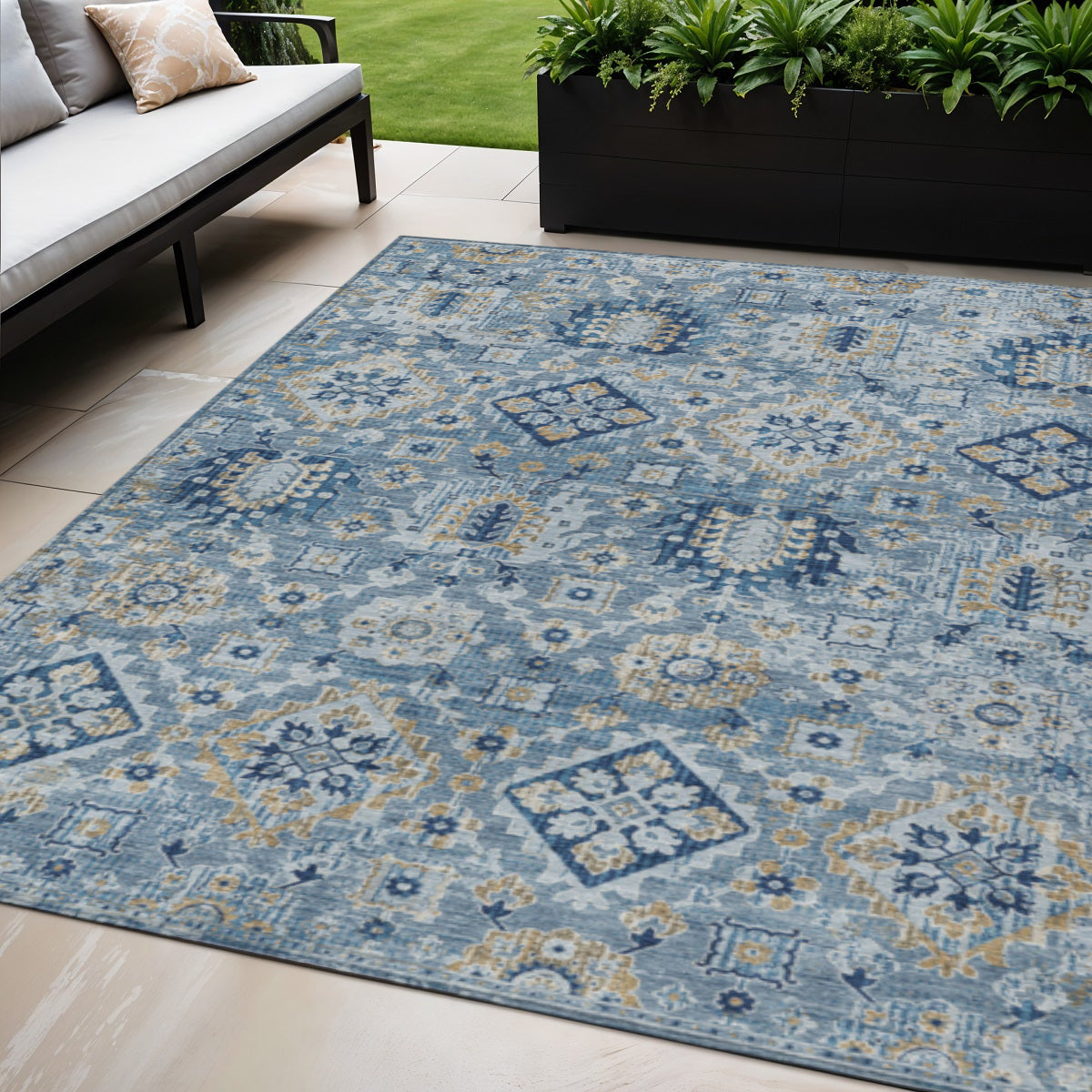 5 X 8 Denim Blue And Gold Floral Medallion Washable Indoor Outdoor Area Rug