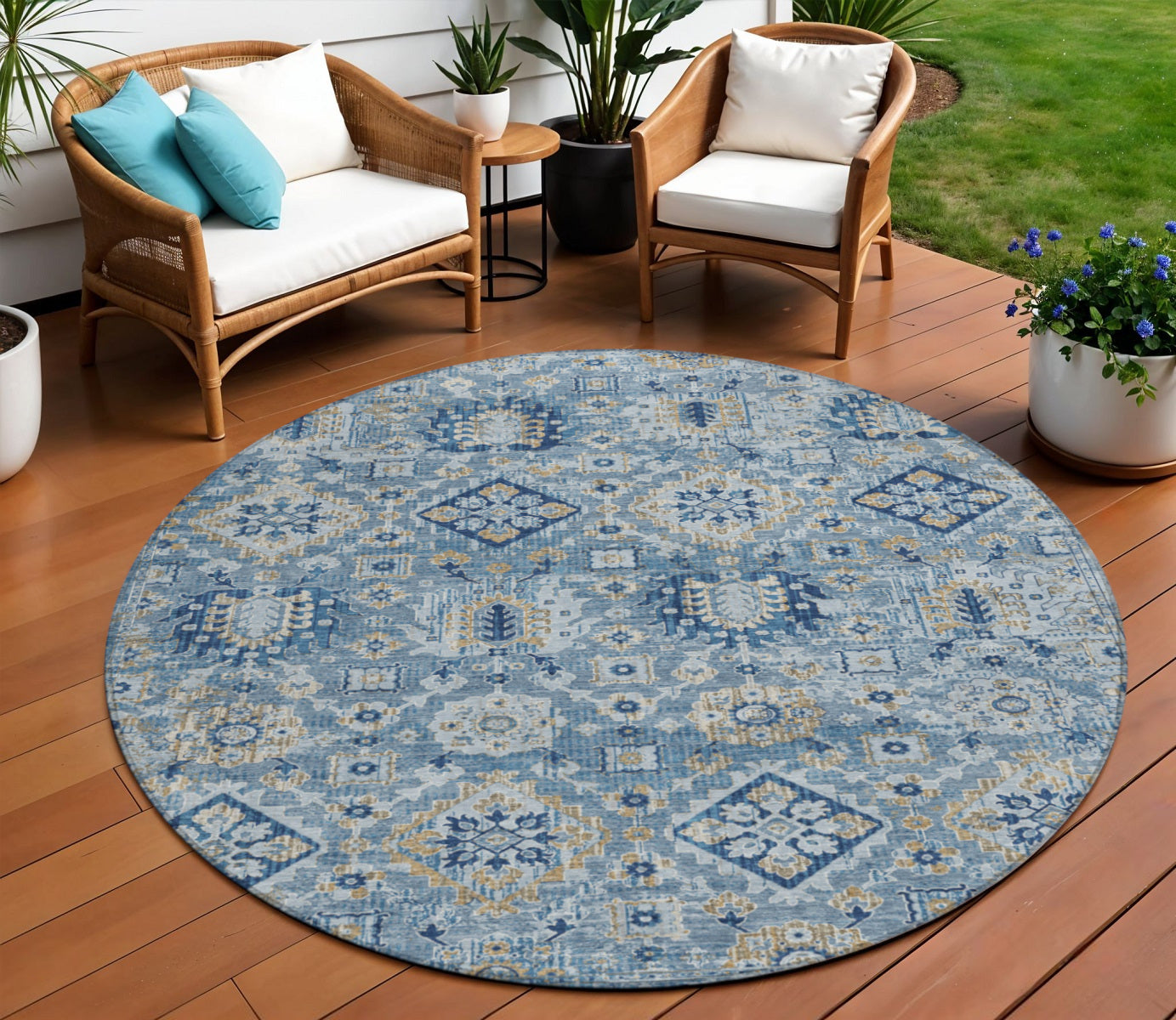 8 Denim Blue And Gold Round Floral Medallion Washable Indoor Outdoor Area Rug
