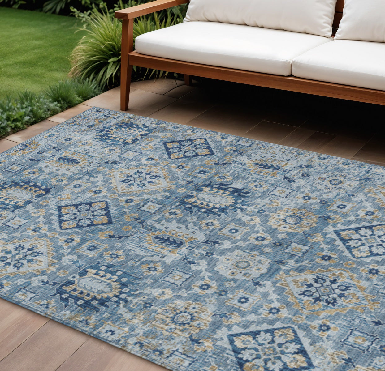 8 X 10 Denim Blue And Gold Floral Medallion Washable Indoor Outdoor Area Rug