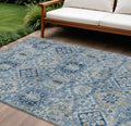 9 X 12 Denim Blue And Gold Floral Medallion Washable Indoor Outdoor Area Rug