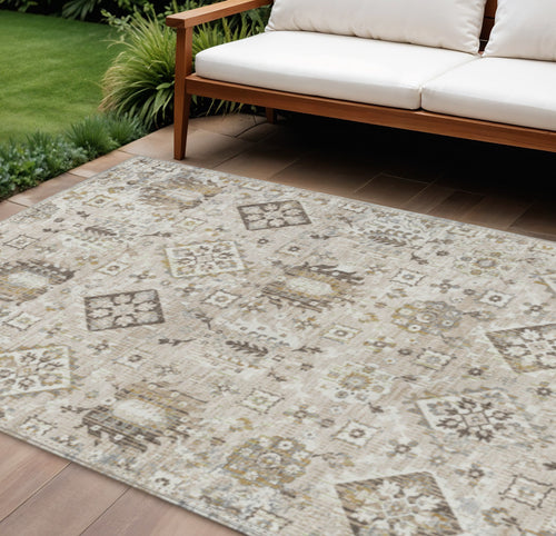 10 X 14 Linen And Ivory Floral Medallion Washable Indoor Outdoor Area Rug