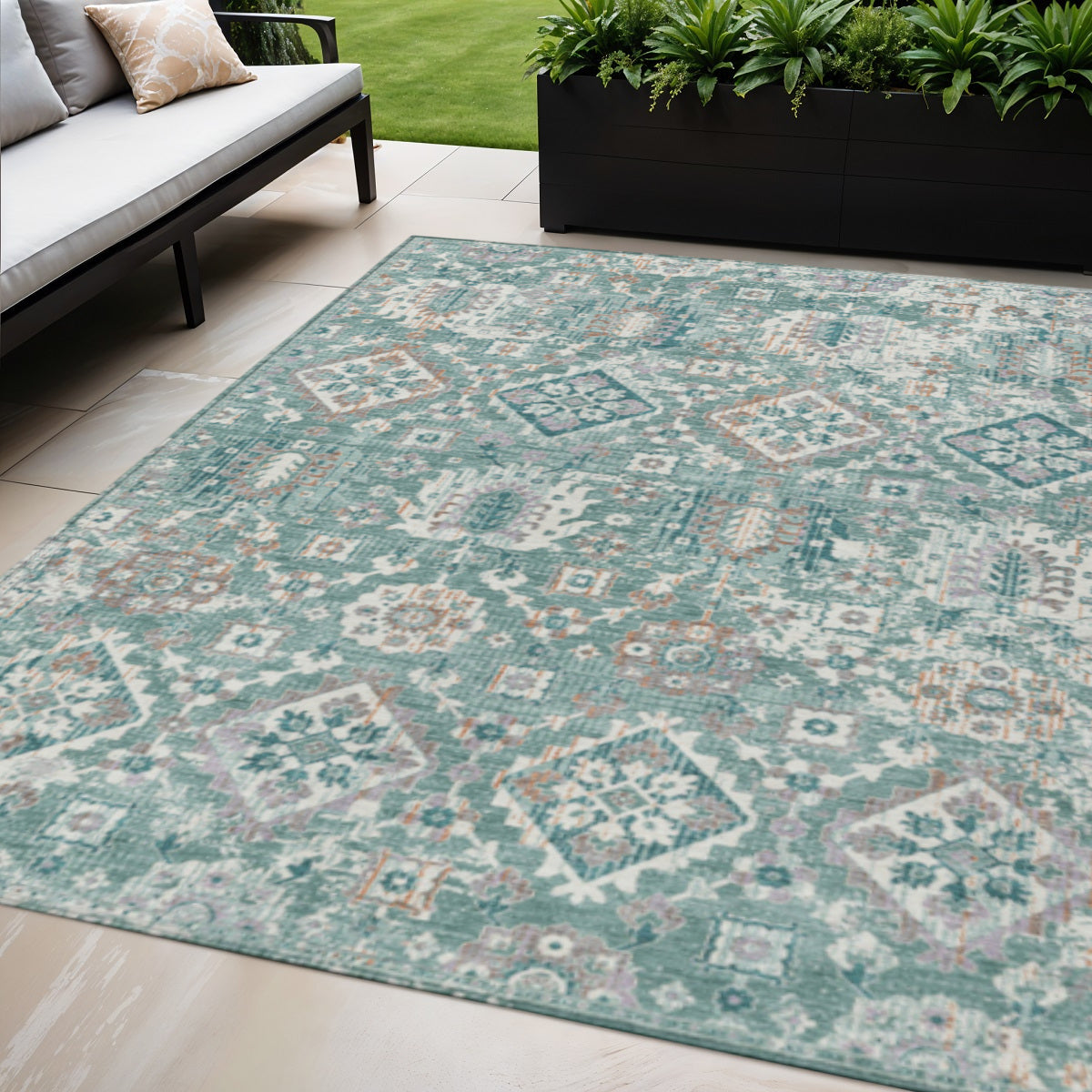 5 X 8 Pale Aqua And Copper Floral Medallion Washable Indoor Outdoor Area Rug