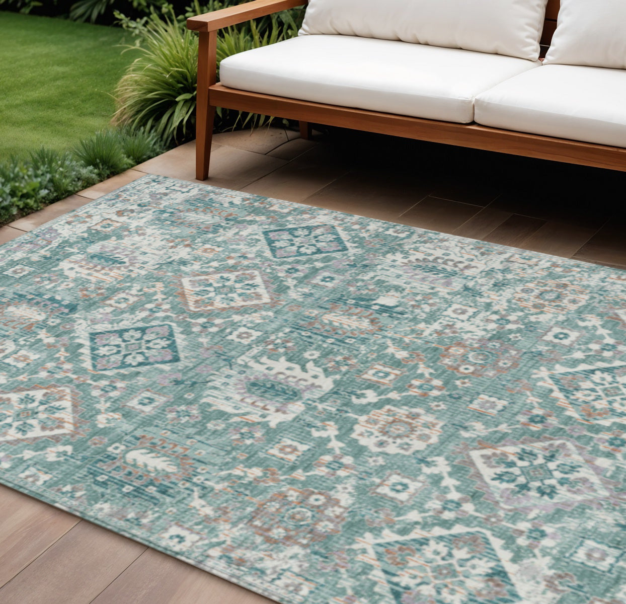 8 X 10 Pale Aqua And Copper Floral Medallion Washable Indoor Outdoor Area Rug