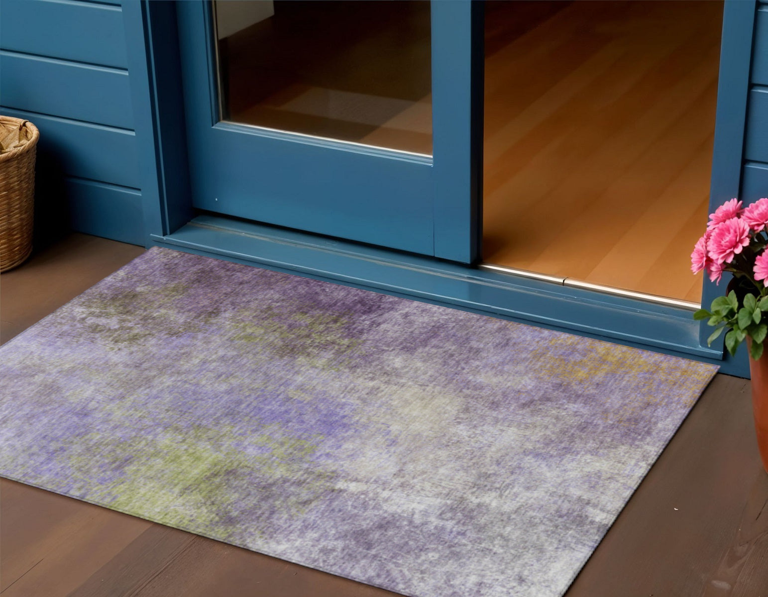 3 X 5 Purple And Olive Green Abstract Washable Indoor Outdoor Area Rug