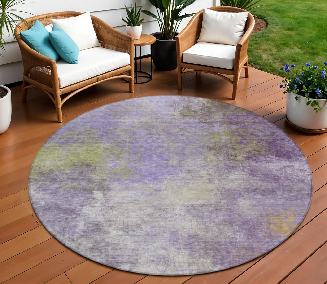 8 Purple And Olive Green Round Abstract Washable Indoor Outdoor Area Rug