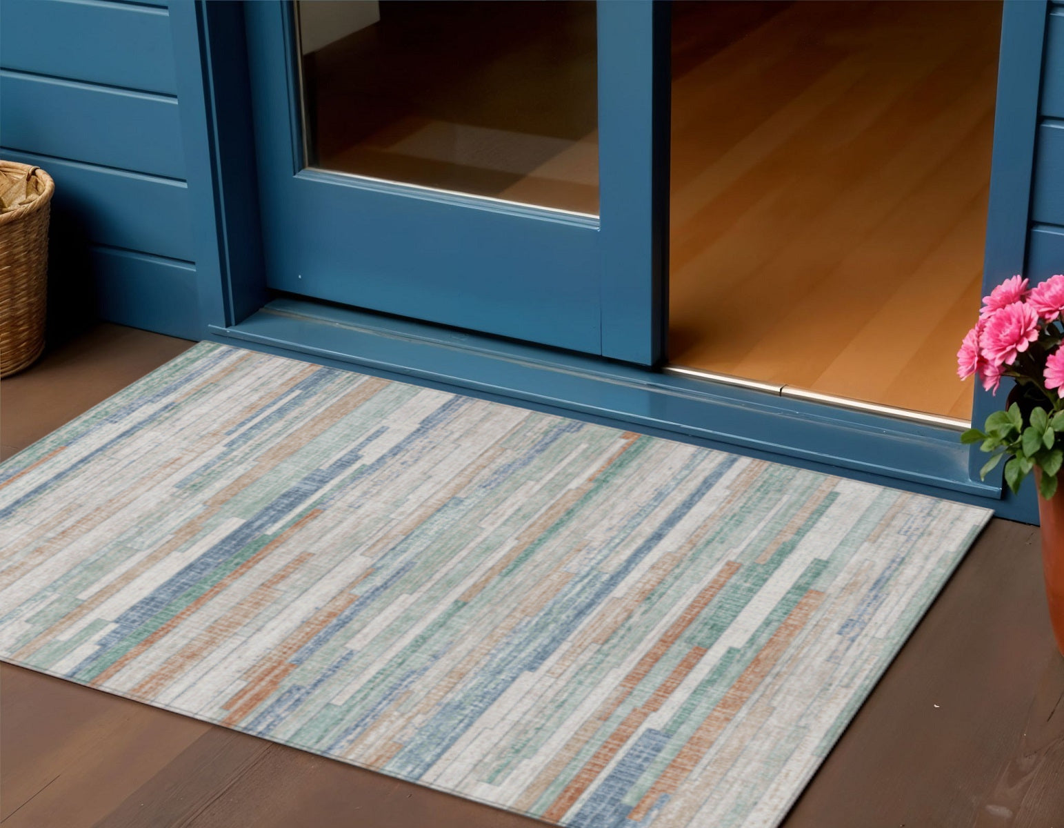 3 X 5 Linen And Pale Aqua Striped Washable Indoor Outdoor Area Rug