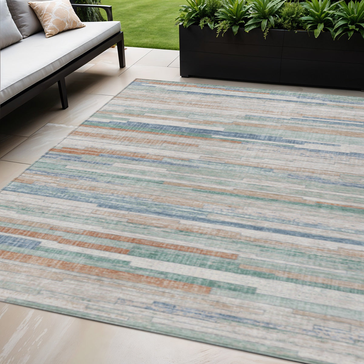 5 X 8 Linen And Pale Aqua Striped Washable Indoor Outdoor Area Rug