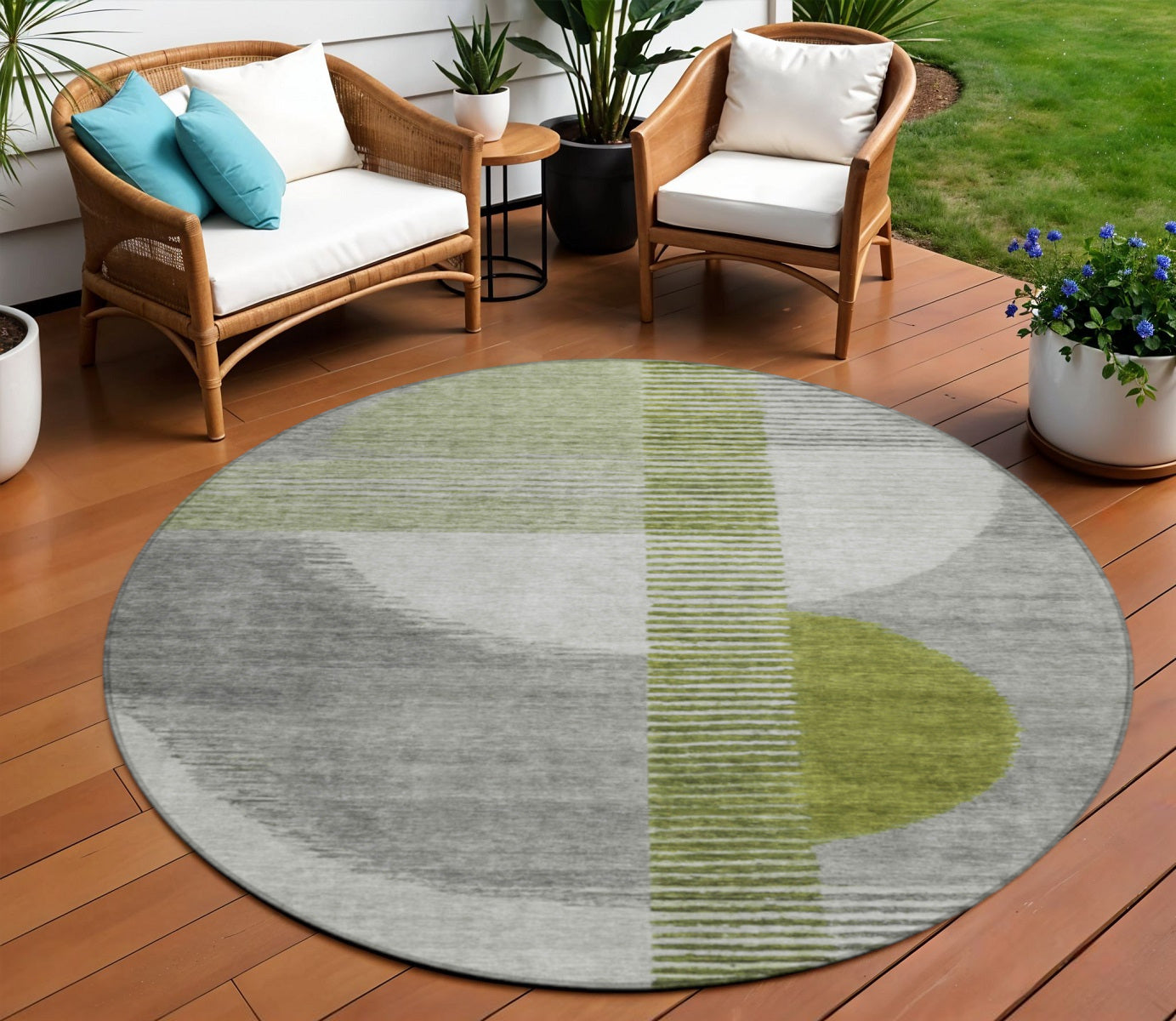 8 Olive Green And Gray Round Geometric Washable Indoor Outdoor Area Rug