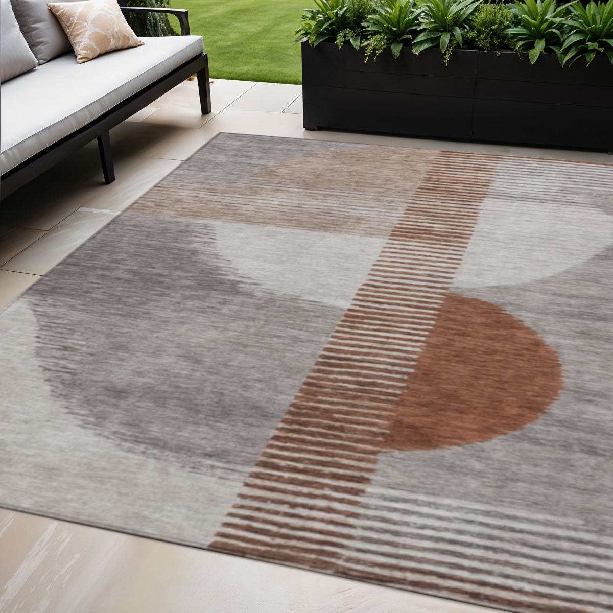 5 X 8 Taupe And Rust Geometric Washable Indoor Outdoor Area Rug