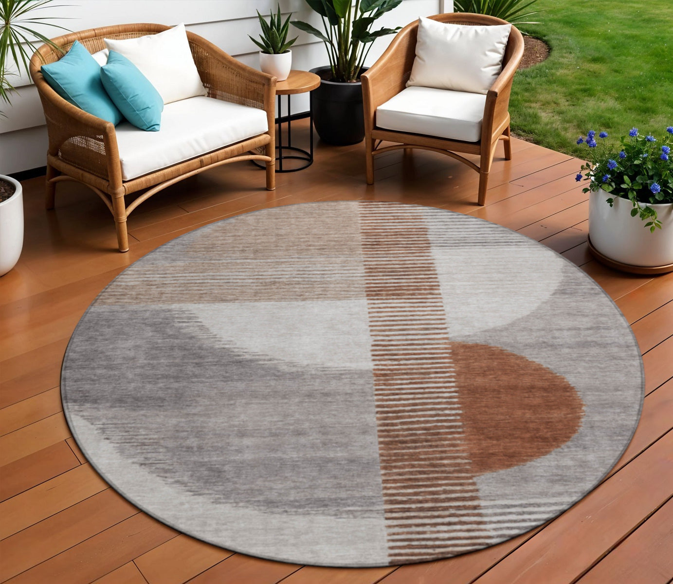 8 Taupe And Rust Round Geometric Washable Indoor Outdoor Area Rug