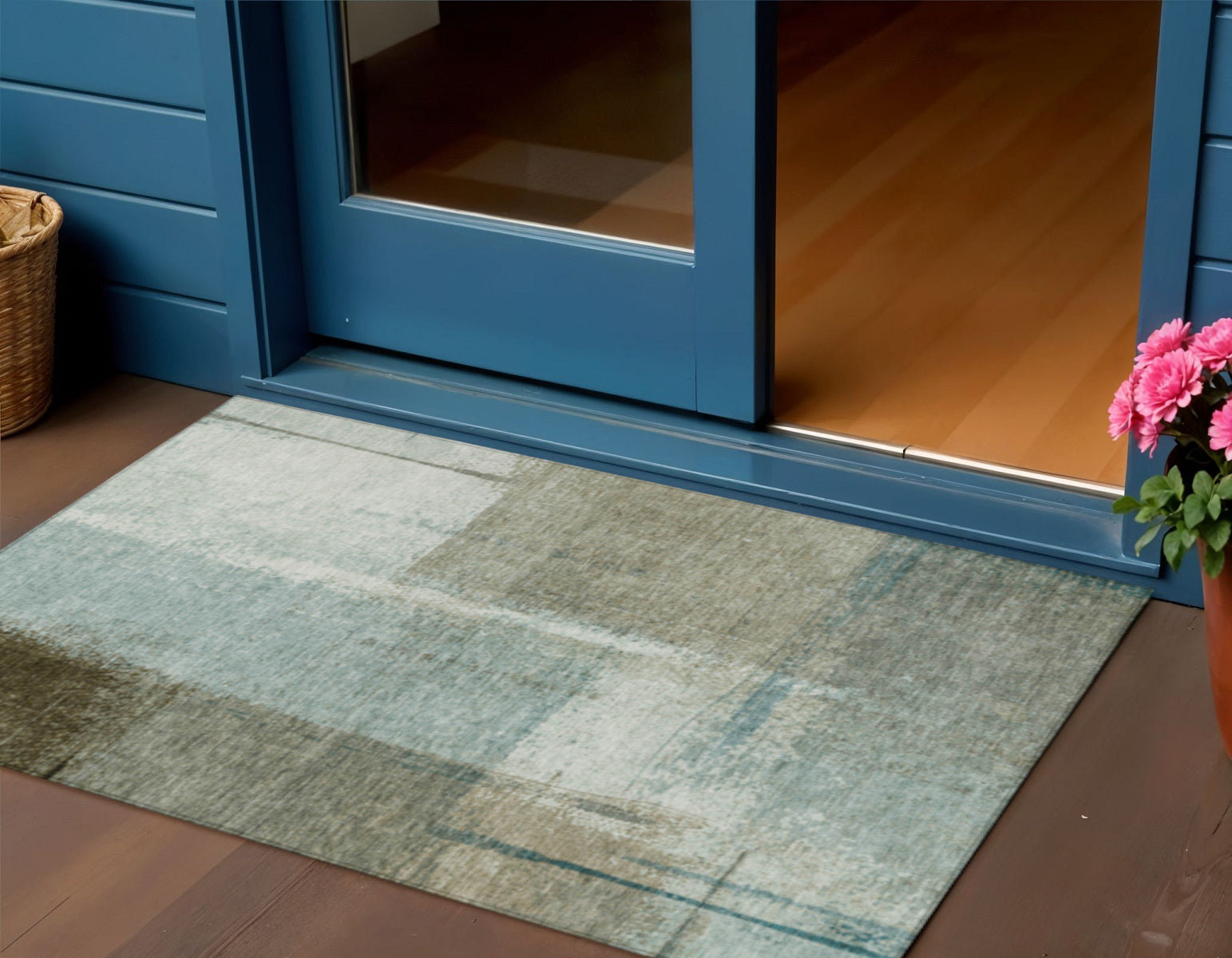 3 X 5 Pale Aqua And Beige Abstract Washable Indoor Outdoor Area Rug