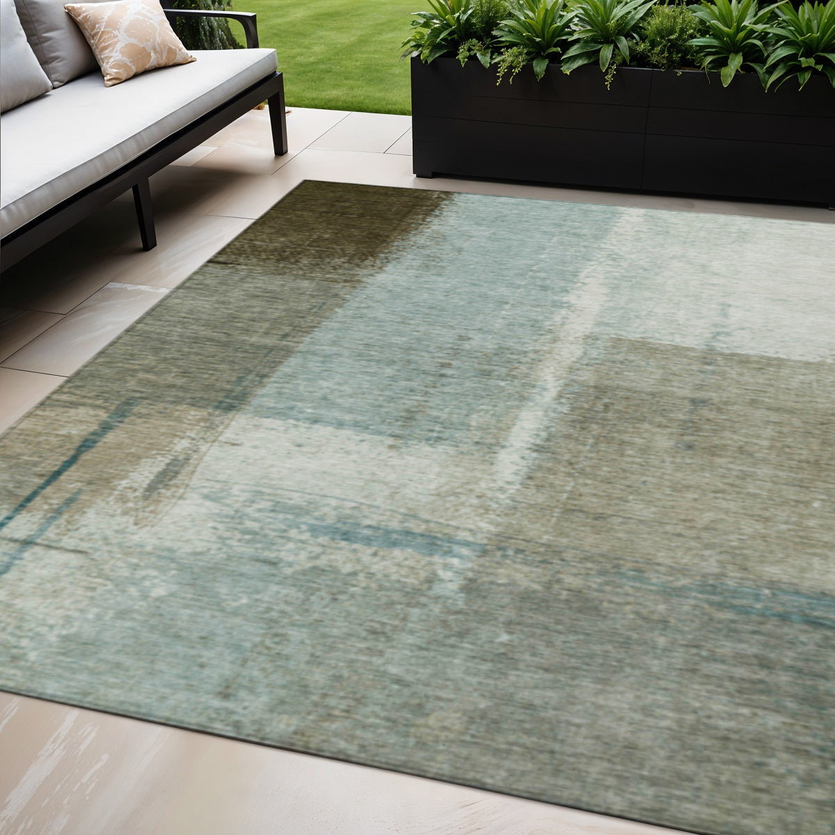 5 X 8 Pale Aqua And Beige Abstract Washable Indoor Outdoor Area Rug
