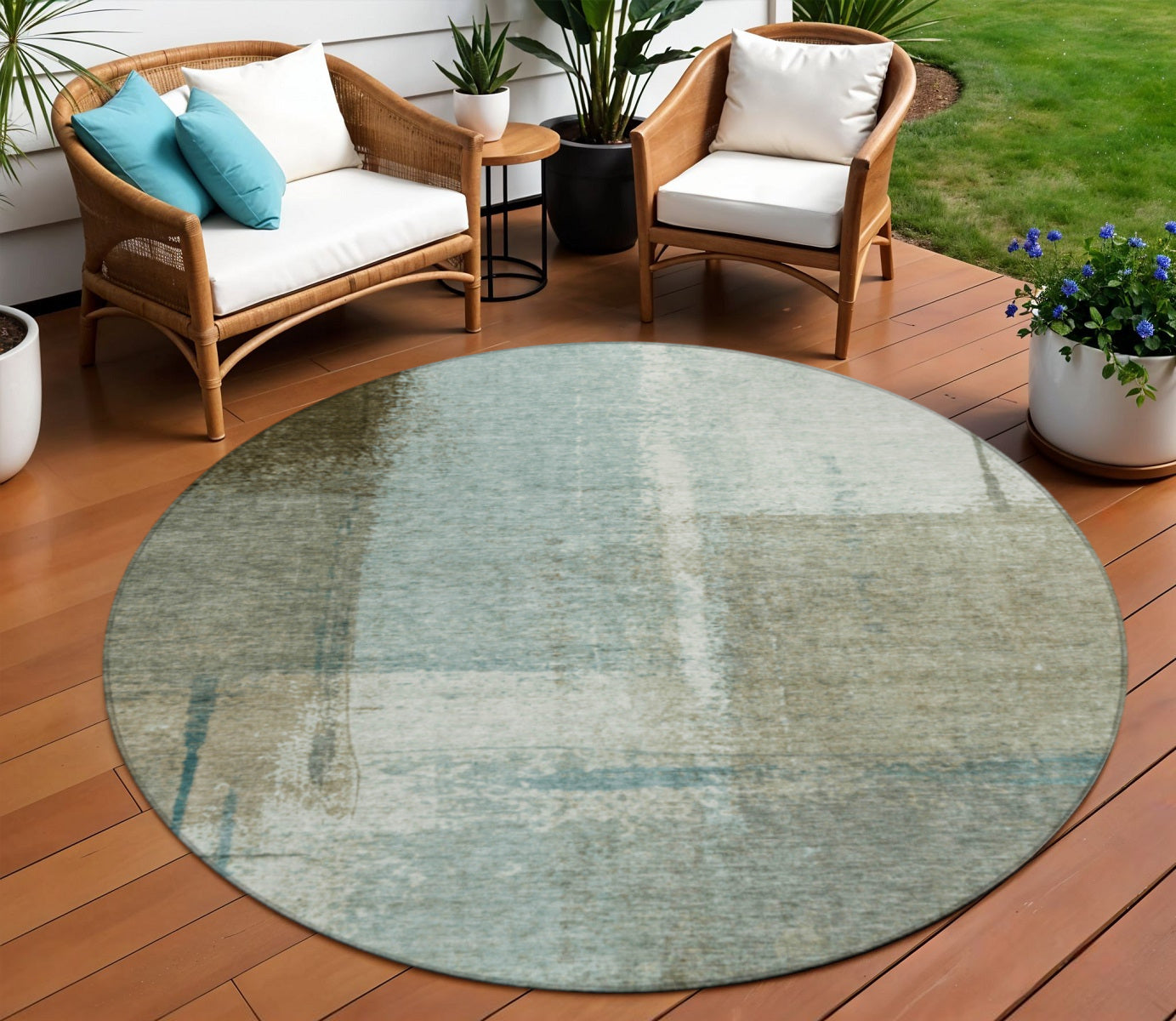 8 Pale Aqua And Beige Round Abstract Washable Indoor Outdoor Area Rug