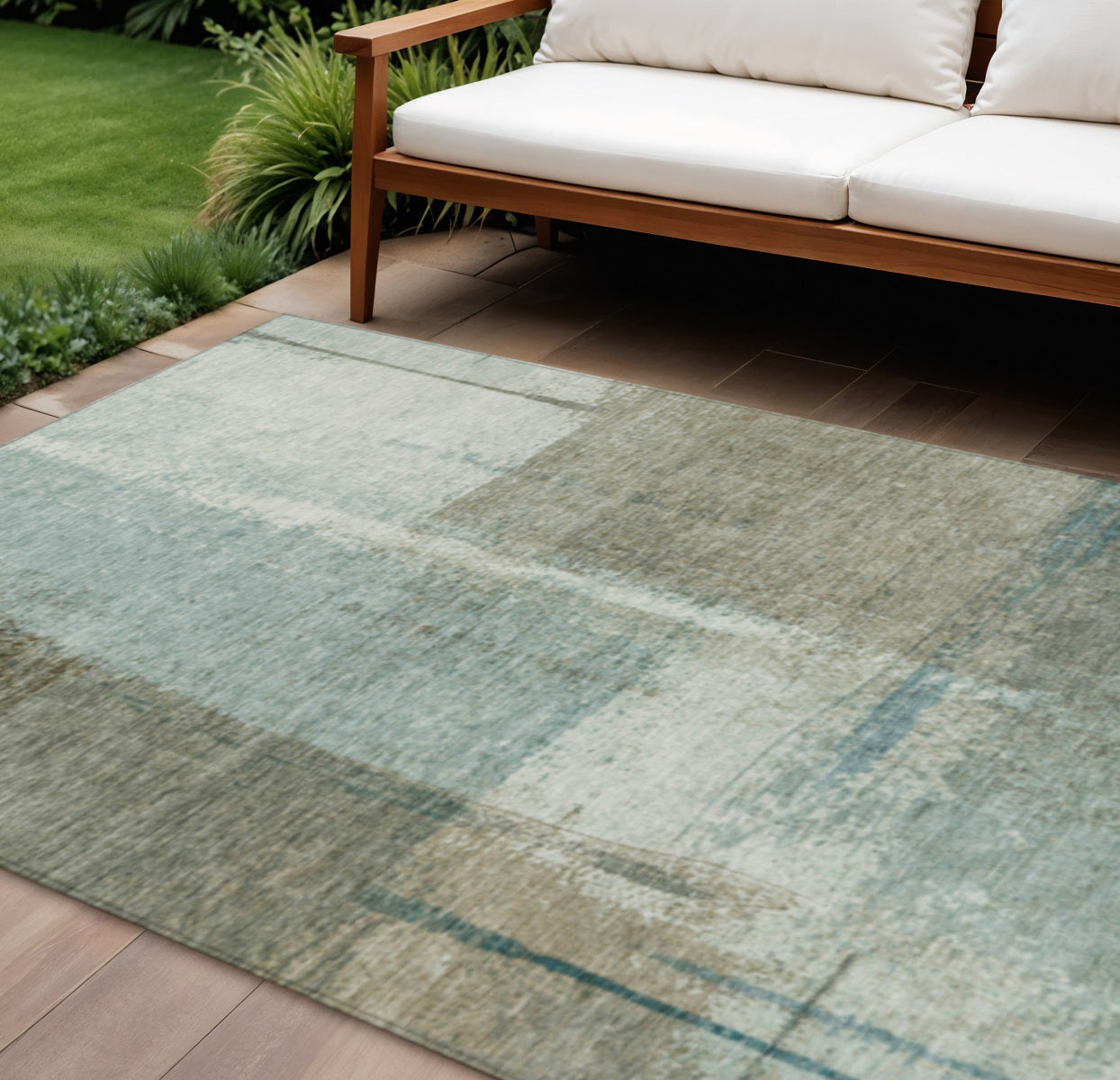 8 X 10 Pale Aqua And Beige Abstract Washable Indoor Outdoor Area Rug