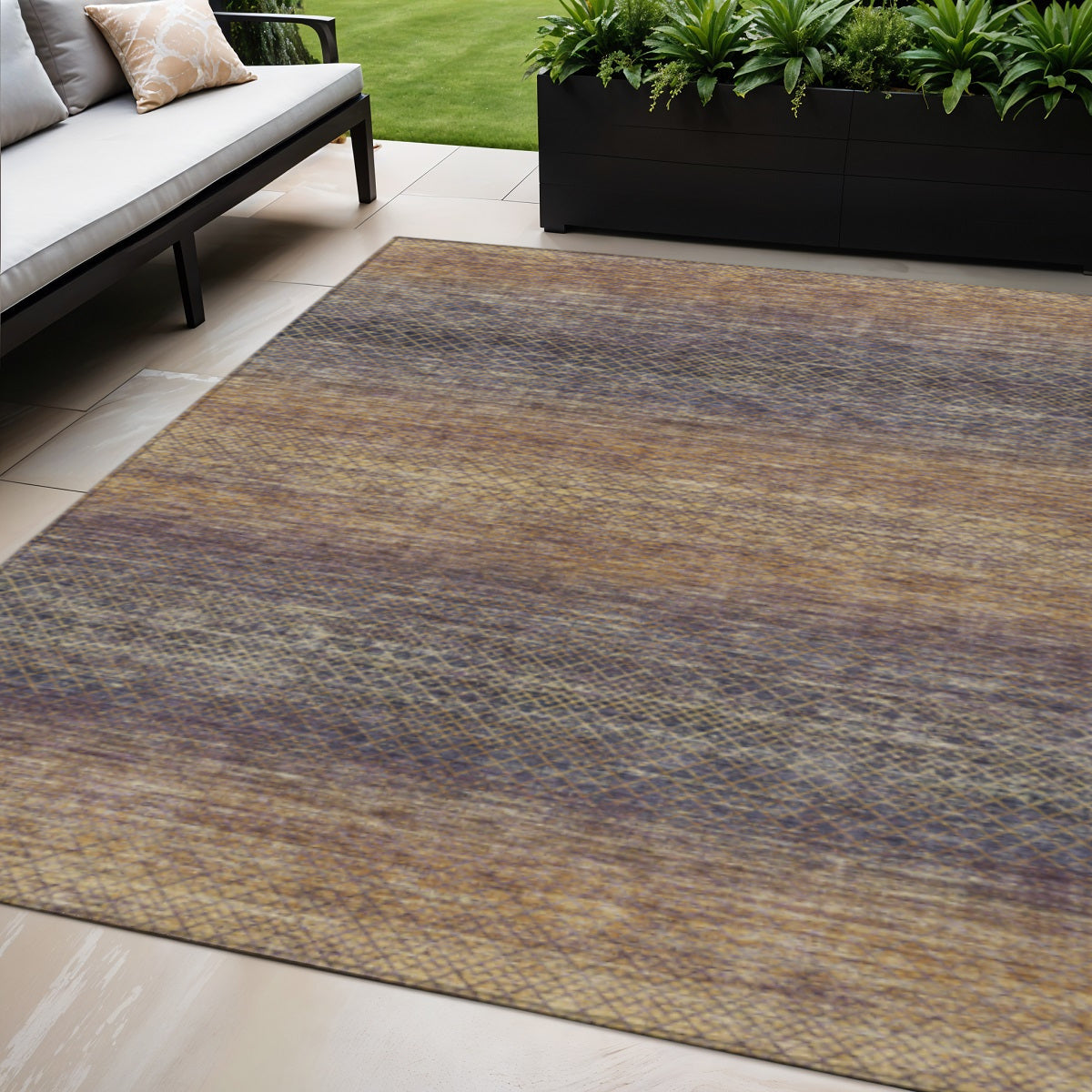 5 X 8 Eggplant And Brown Geometric Washable Indoor Outdoor Area Rug