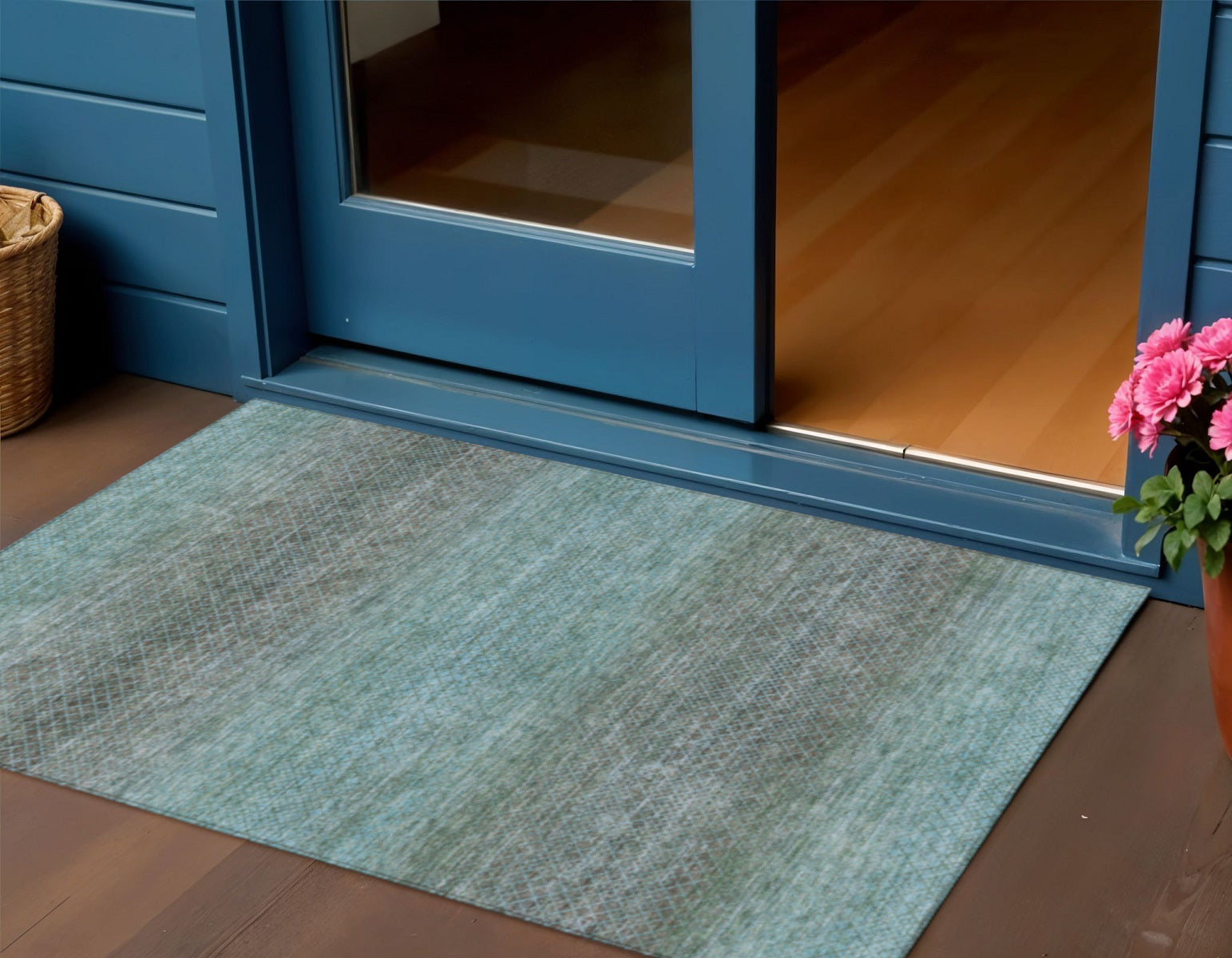 3 X 5 Teal Blue And Brown Geometric Washable Indoor Outdoor Area Rug