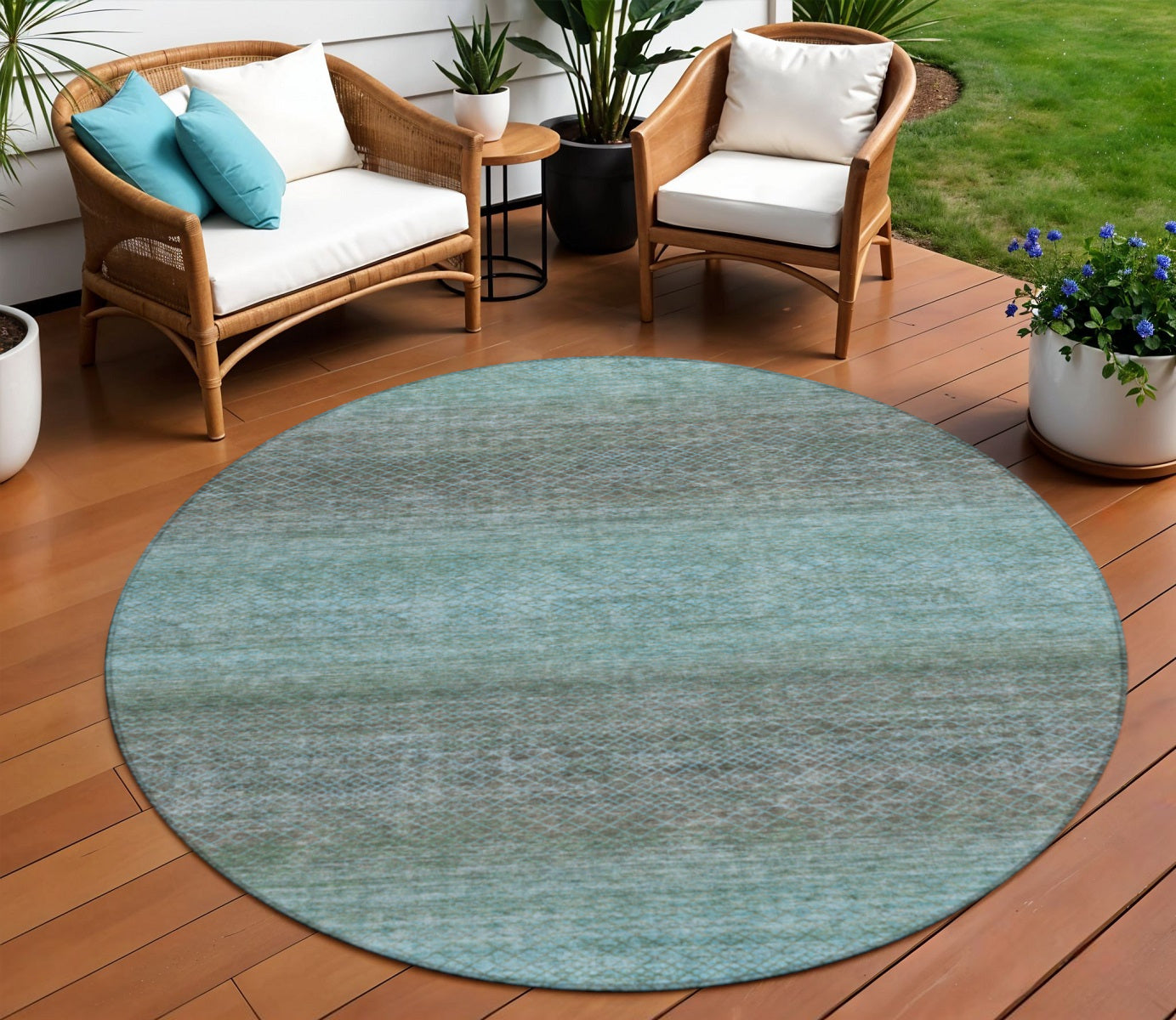 8 Teal Blue And Brown Round Geometric Washable Indoor Outdoor Area Rug