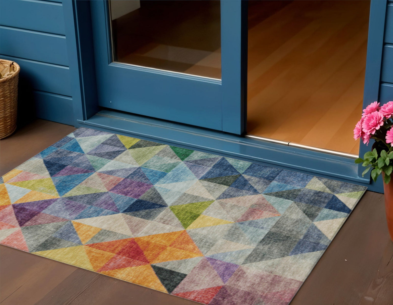 3 X 5 Beige Navy Blue And Orange Geometric Washable Indoor Outdoor Area Rug