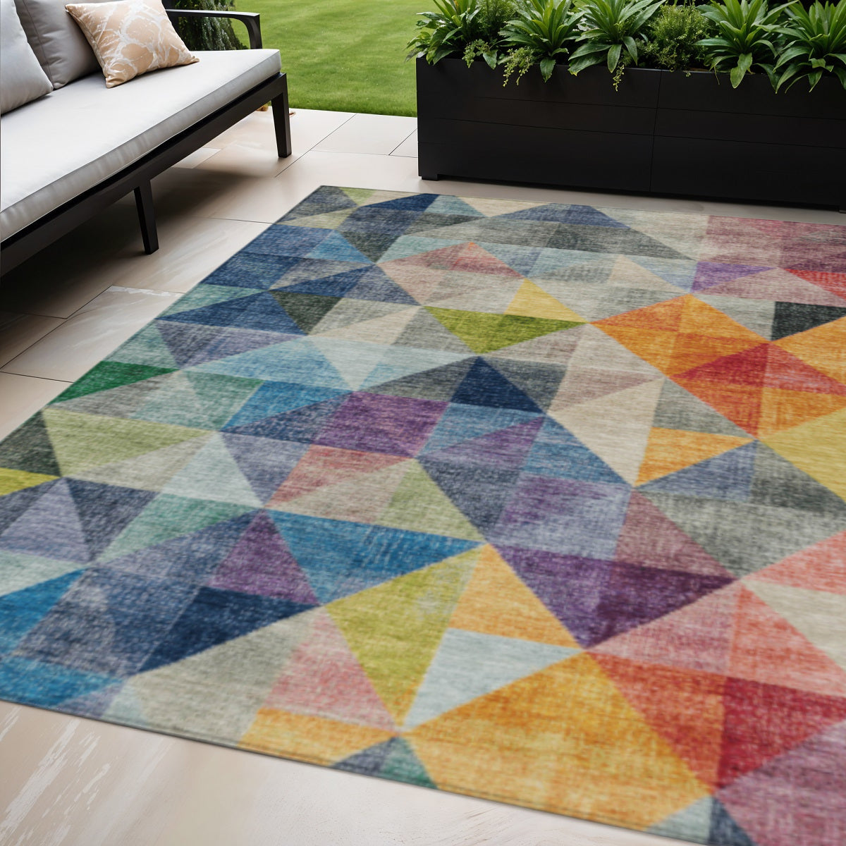 5 X 8 Beige Navy Blue And Orange Geometric Washable Indoor Outdoor Area Rug