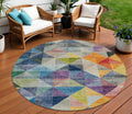 8 Beige Navy Blue And Orange Round Geometric Washable Indoor Outdoor Area Rug