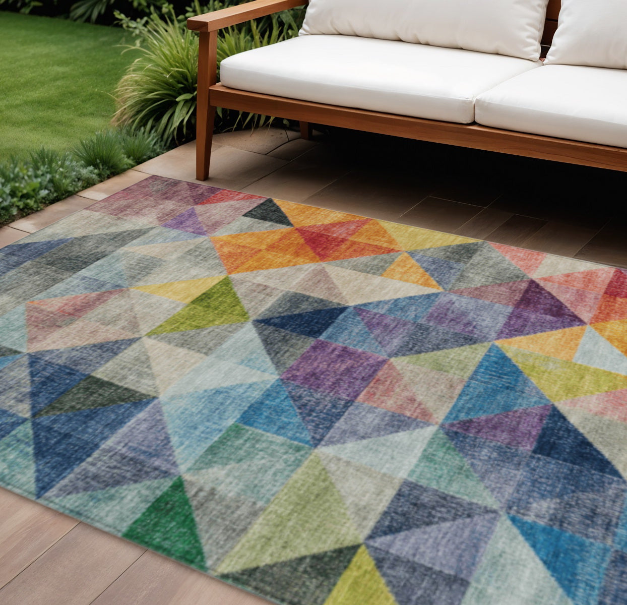 10 X 14 Beige Navy Blue And Orange Geometric Washable Indoor Outdoor Area Rug