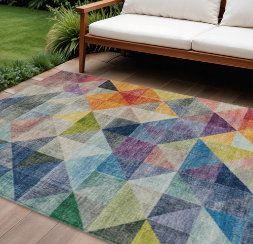 10 X 14 Beige Navy Blue And Orange Geometric Washable Indoor Outdoor Area Rug