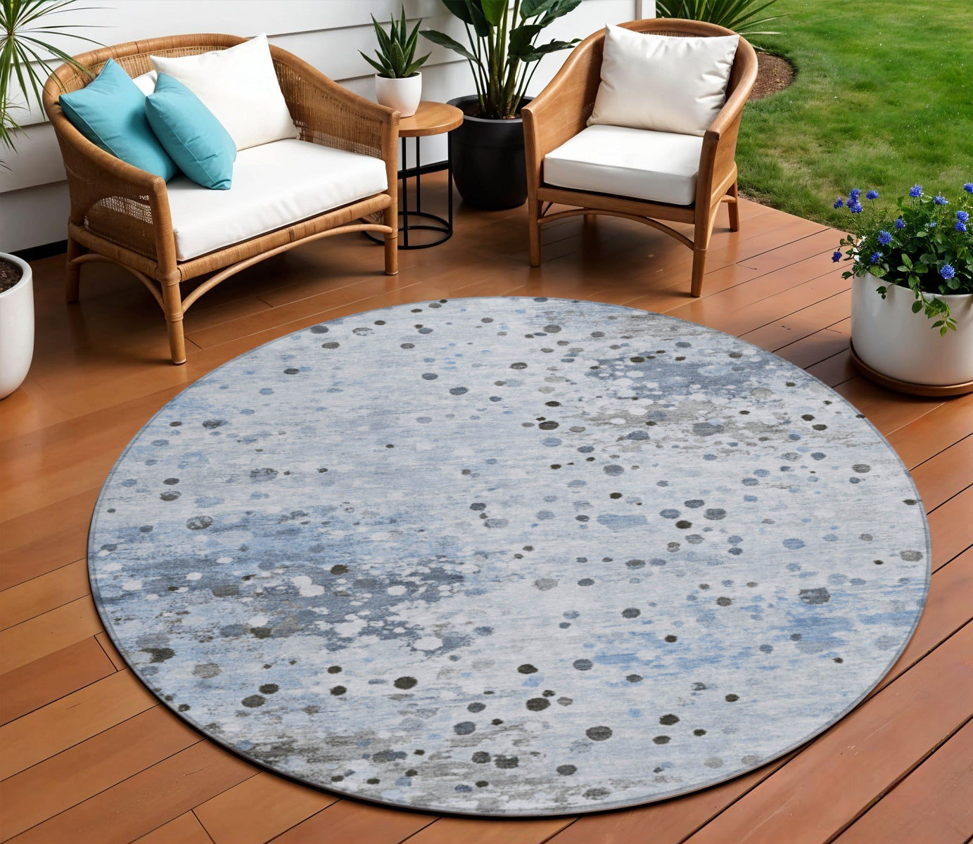8 Sky Blue And Gray Round Abstract Washable Indoor Outdoor Area Rug