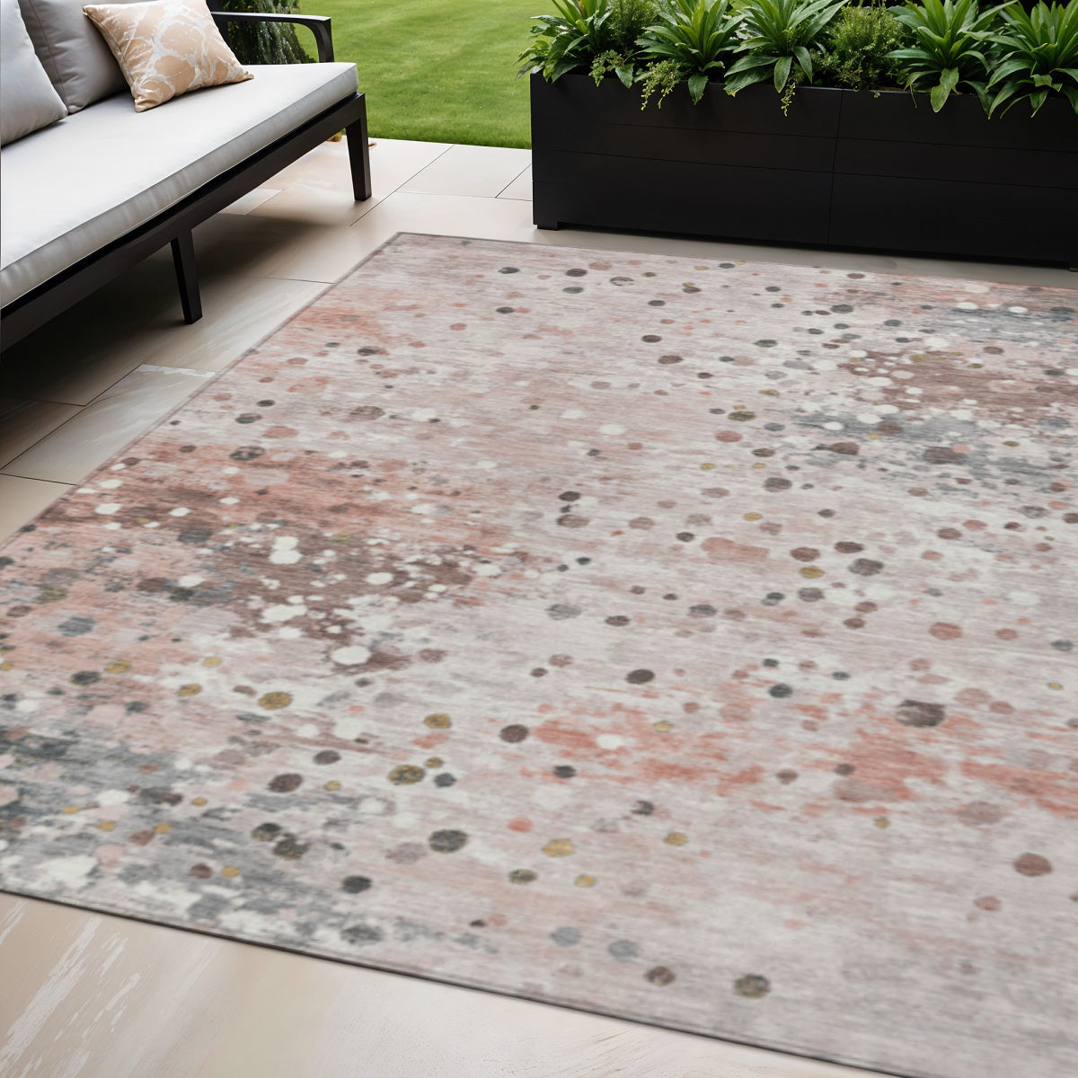 5 X 8 Salmon And Gray Abstract Washable Indoor Outdoor Area Rug