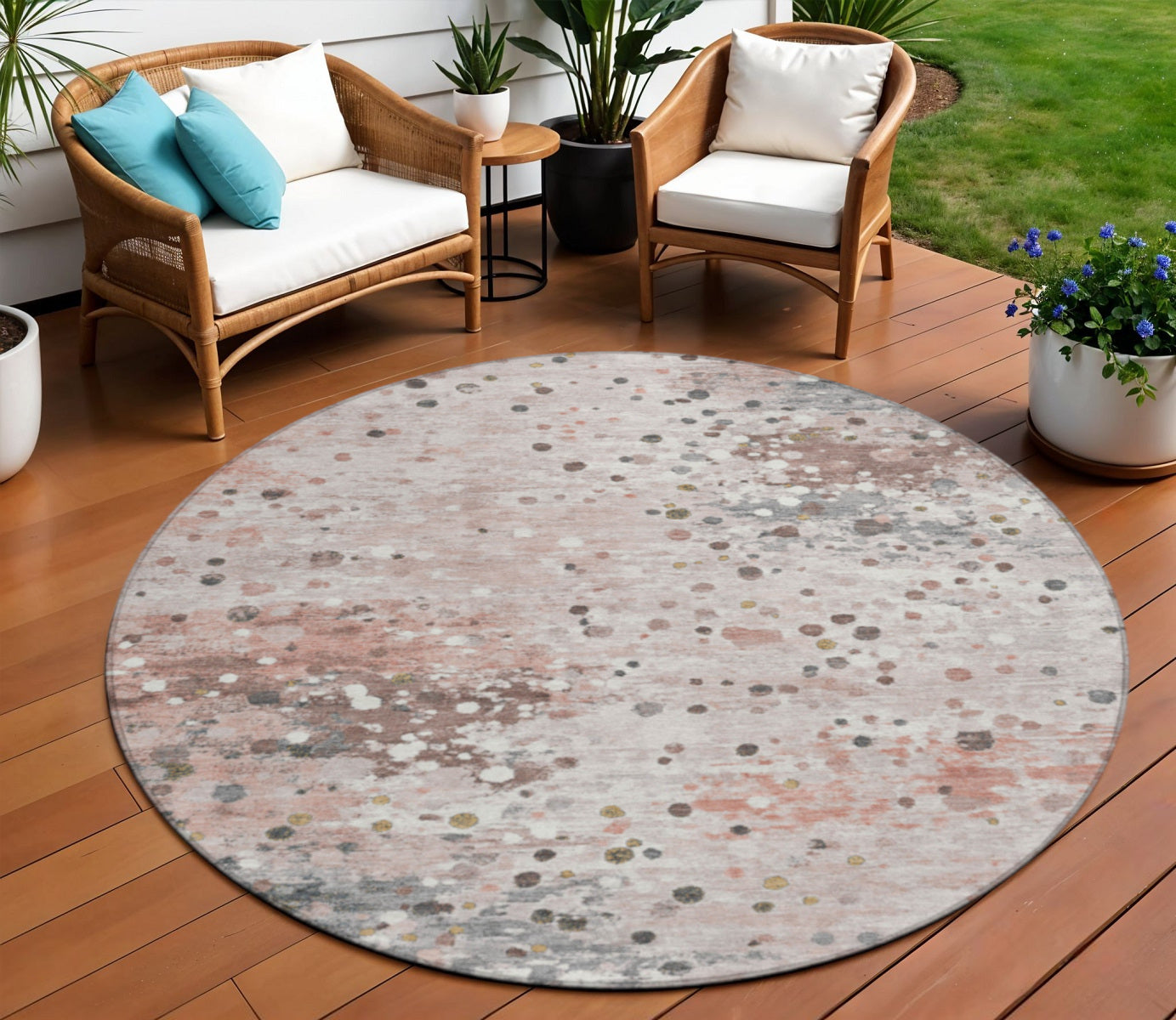 8 Salmon And Gray Round Abstract Washable Indoor Outdoor Area Rug
