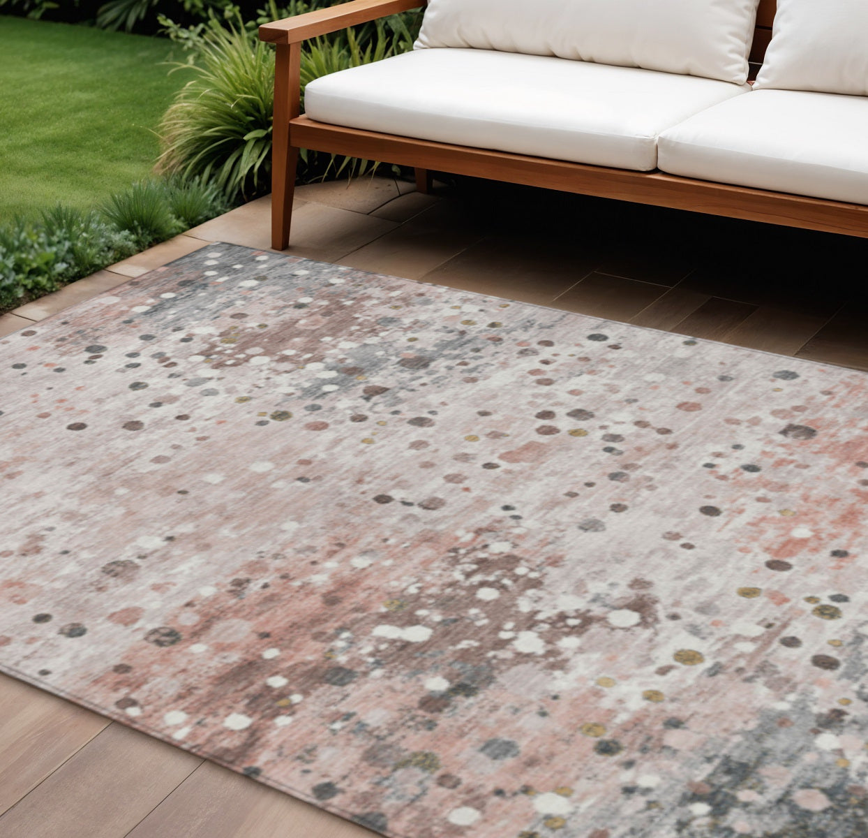 9 X 12 Salmon And Gray Abstract Washable Indoor Outdoor Area Rug