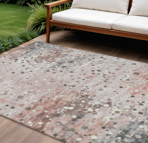 10 X 14 Salmon And Gray Abstract Washable Indoor Outdoor Area Rug