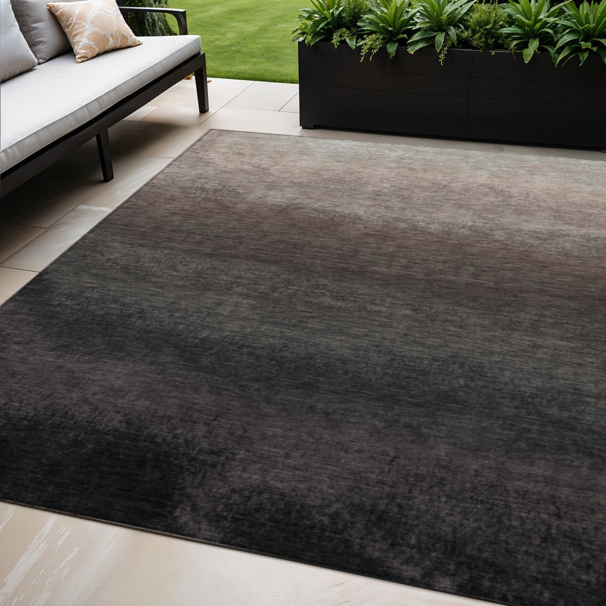 5 X 8 Black And Silver Ombre Washable Indoor Outdoor Area Rug