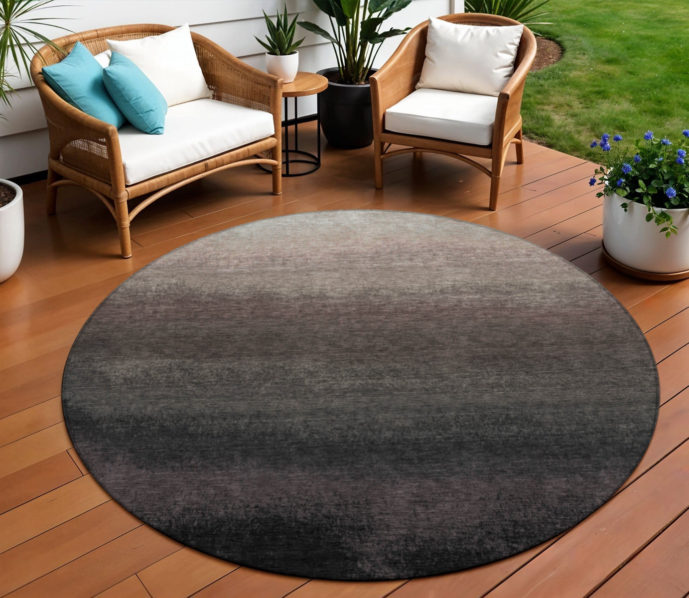 8 Black And Silver Round Ombre Washable Indoor Outdoor Area Rug