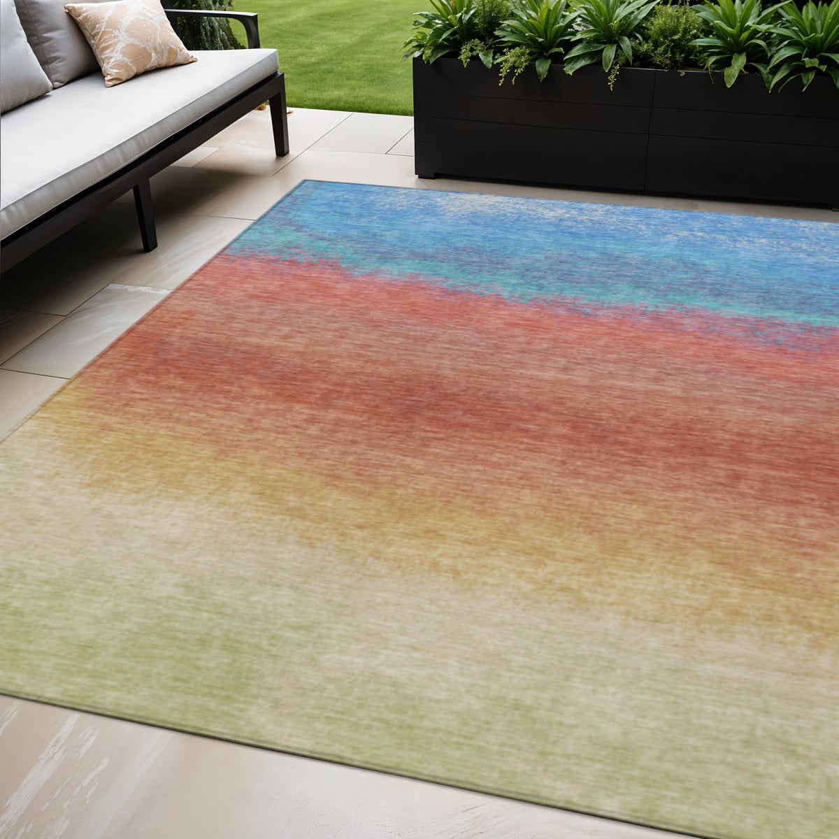 5 X 8 Coral And Blue Ombre Washable Indoor Outdoor Area Rug