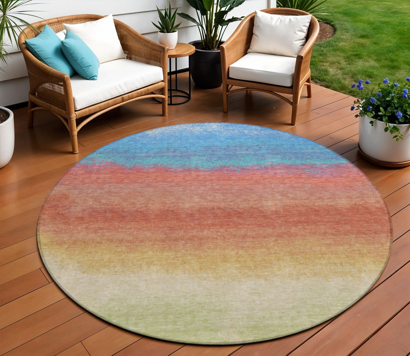 8 Coral And Blue Round Ombre Washable Indoor Outdoor Area Rug