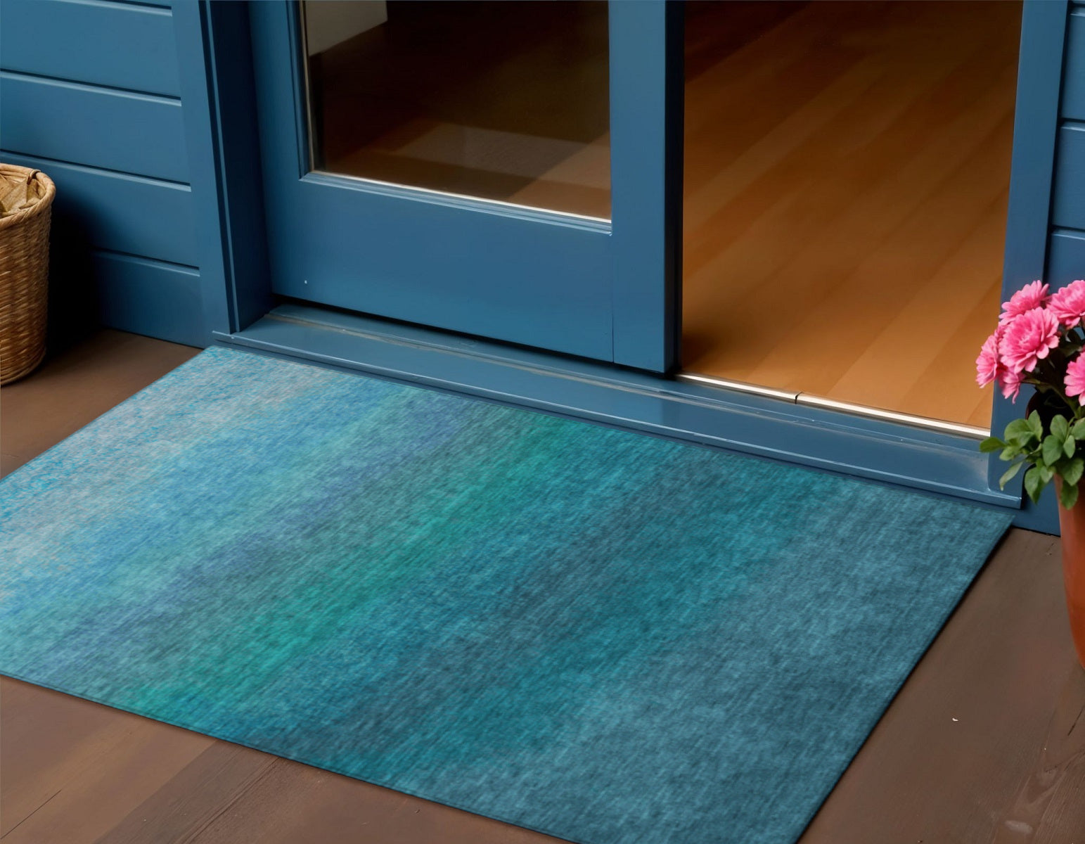 3 X 5 Teal Blue And Sky Blue Ombre Washable Indoor Outdoor Area Rug