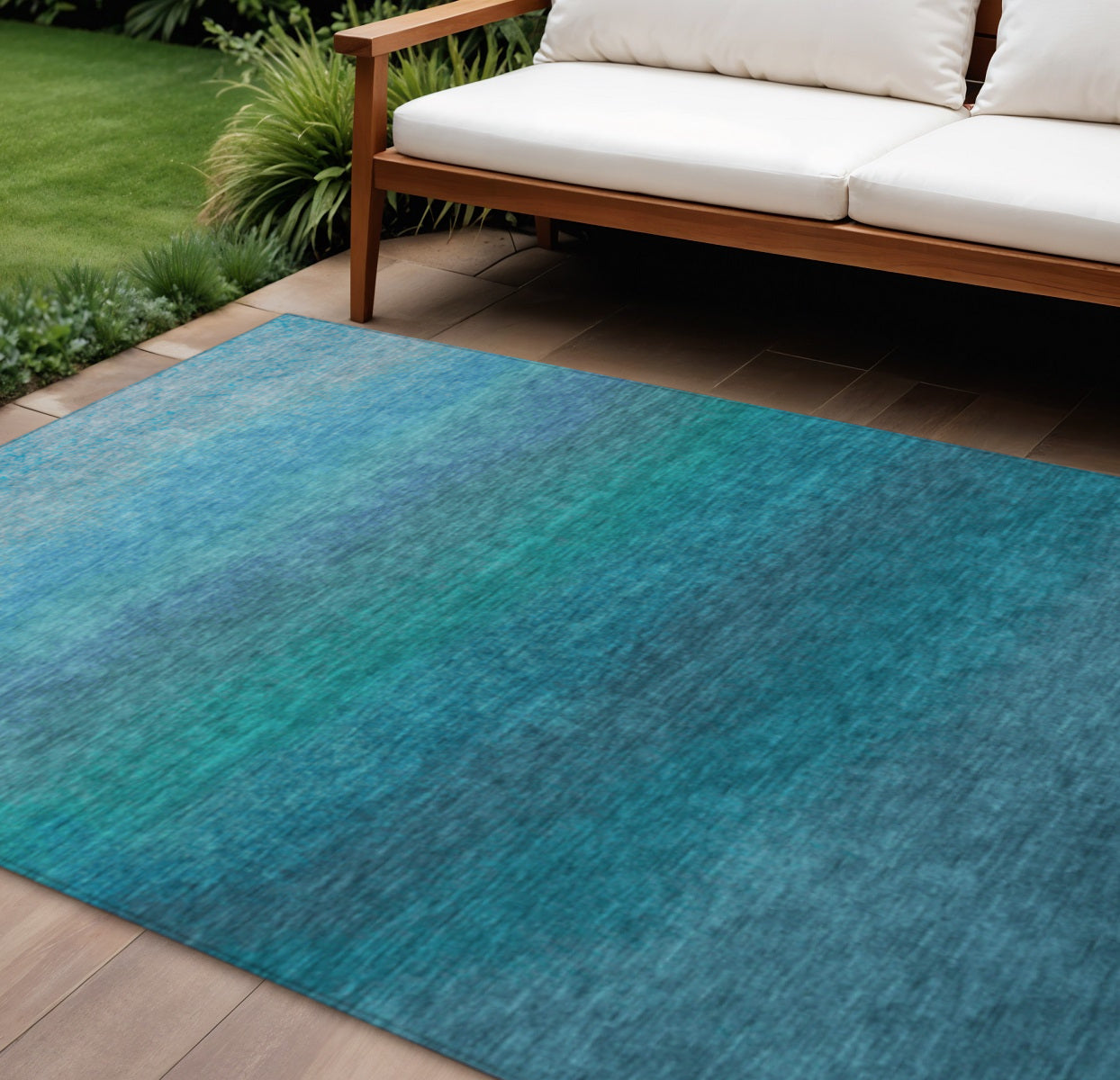 10 X 14 Teal Blue And Sky Blue Ombre Washable Indoor Outdoor Area Rug