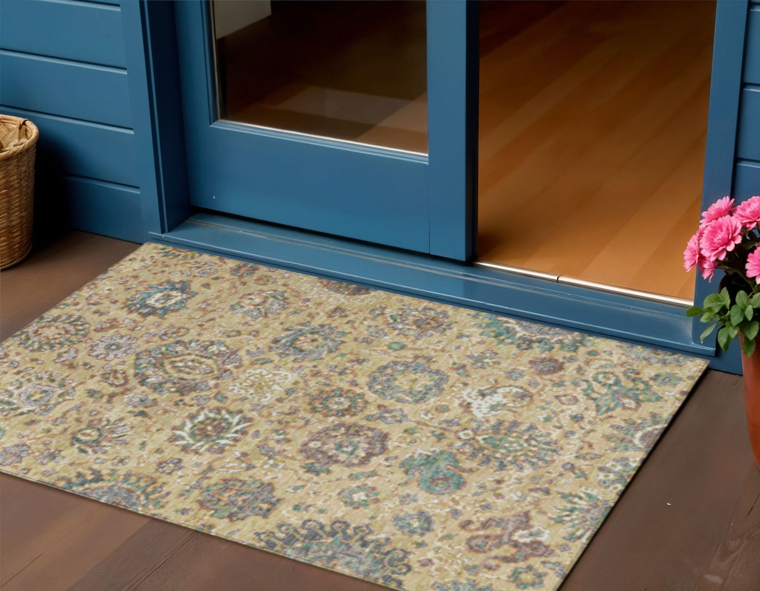 3 X 5 Gold Beige And Pale Aqua Floral Washable Indoor Outdoor Area Rug