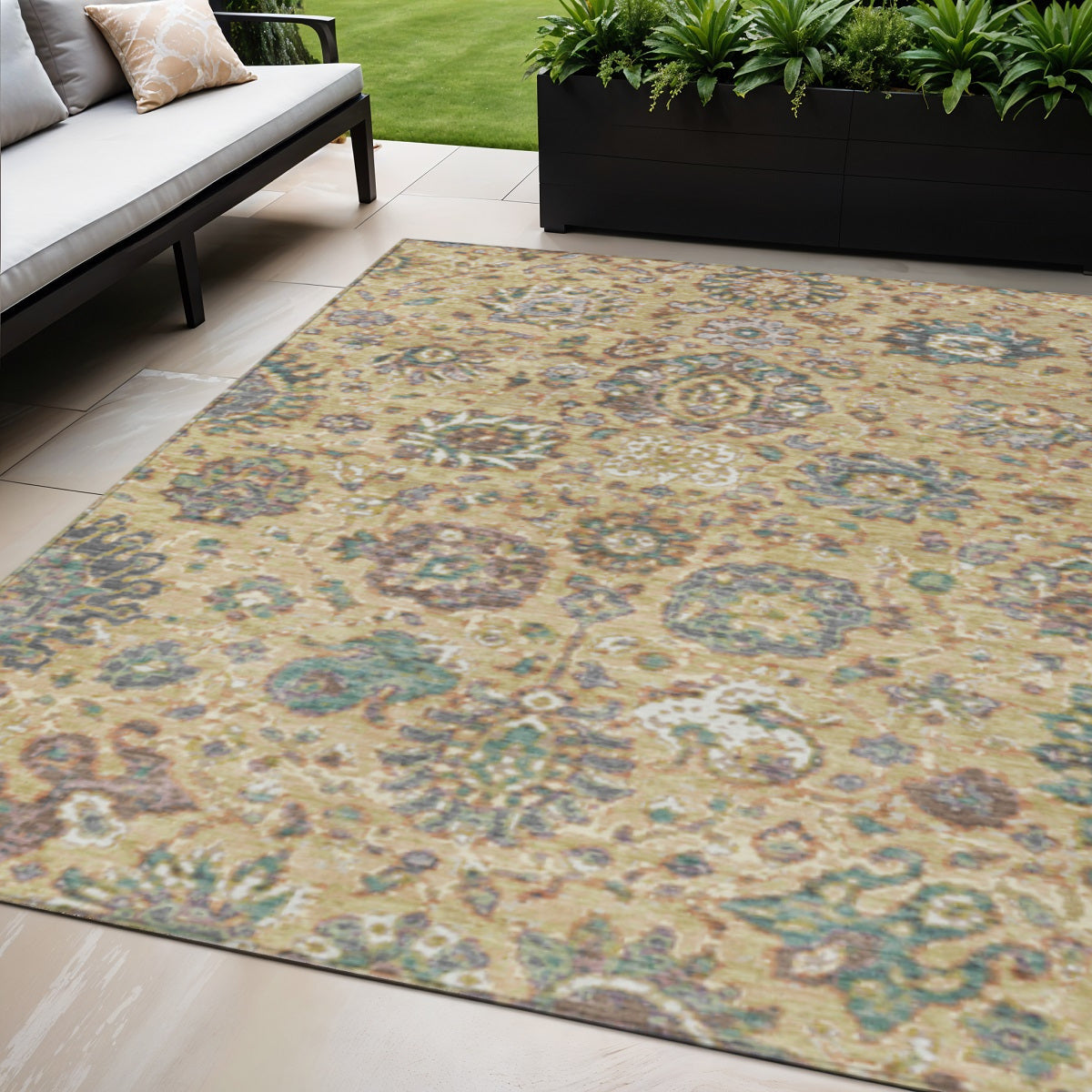 5 X 8 Gold Beige And Pale Aqua Floral Washable Indoor Outdoor Area Rug