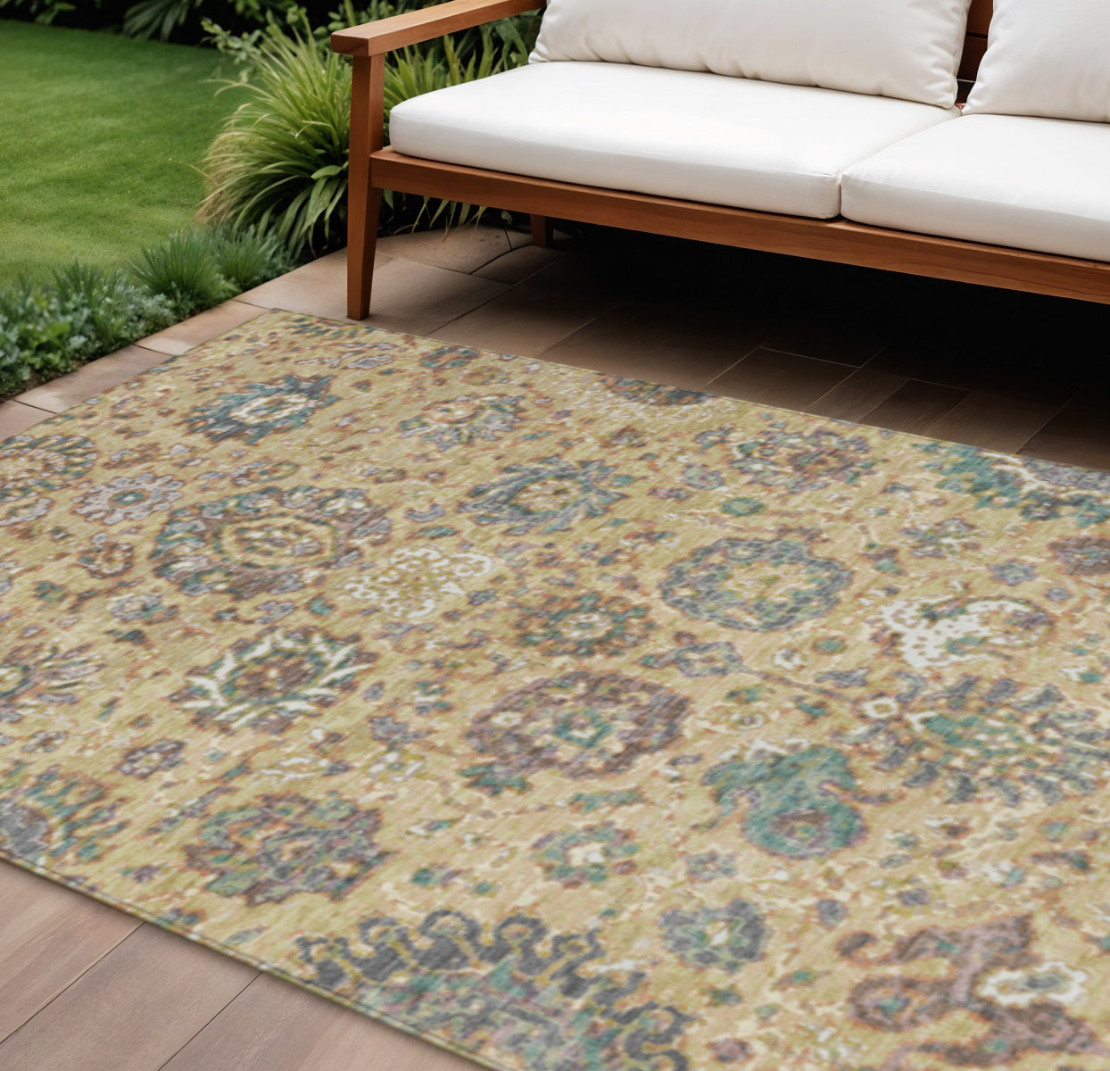 8 X 10 Gold Beige And Pale Aqua Floral Washable Indoor Outdoor Area Rug